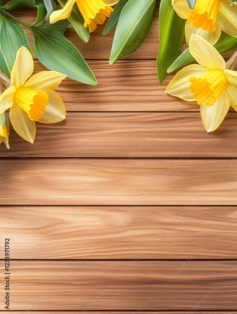 Daffodils on Wooden Background - Yellow daffodils arranged on a light brown wooden surface. Perfect for spring themes. Daffodils on Wooden Background - Yellow daffodils arranged on a light brown wooden surface. Perfect for spring themes.