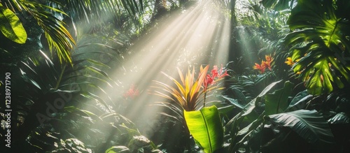 Dense tropical rainforest with sunlight rays filtering through foliage and colorful flowers, natural environment, Copy Space photo