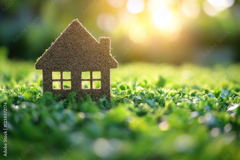 A cozy house outline crafted from natural materials stands amid vibrant green grass as the sun sets, casting a warm glow over the scene A cozy house outline crafted from natural materials stands amid vibrant green grass as the sun sets, casting a warm glow over the scene