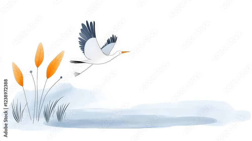 Obraz premium Elegant heron flying over calm water with stylized plants in serene nature backdrop