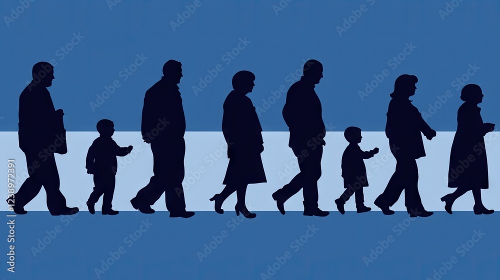 © sori - People walking, diverse ages, city street, background blue © sori - People walking, diverse ages, city street, background blue