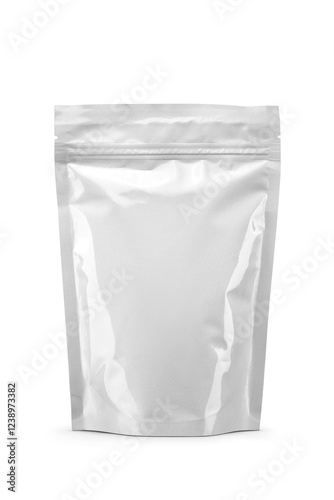 White resealable pouch bag for packaging various products isolated. Transparent PNG image.