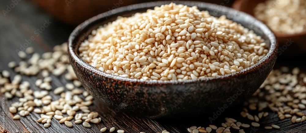 Raw sesame seeds in a rustic bowl on a wooden surface with scattered seeds and natural lighting Copy Space Raw sesame seeds in a rustic bowl on a wooden surface with scattered seeds and natural lighting Copy Space