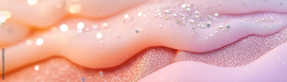 Fototapeta premium Soft glowing ombre transitions from peach to lavender, embellished with fine glitter particles that catch the light and enhance the enchanting effect of the gradient blend