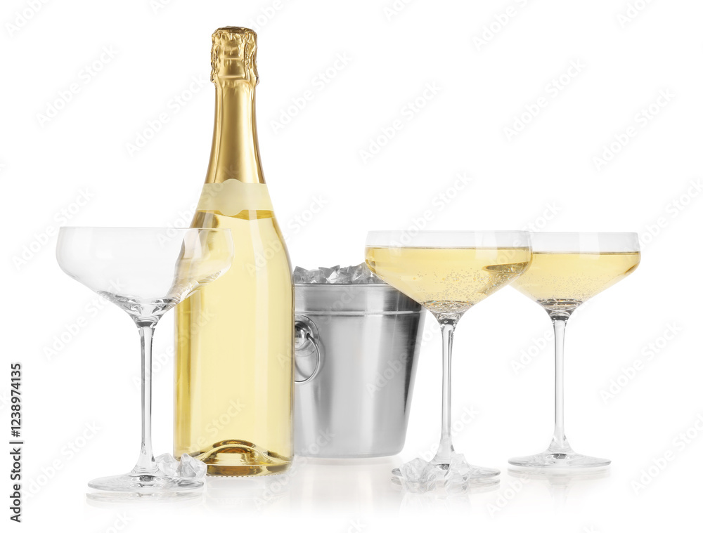 Champagne and bucket with ice isolated on white Champagne and bucket with ice isolated on white