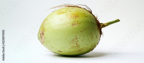 Fresh green coconut on a plain background showcasing its natural texture and details with Copy Space for text placement photo