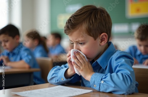 A small sick boy is sitting at a desk in a school classroom blowing his nose into a handkerchief photo