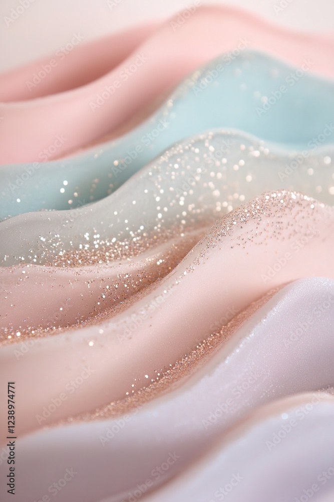 Fototapeta premium Soft pastel hues of pink and blue merge seamlessly with delicate glitter, creating an elegant wave pattern. This design adds a touch of sophistication to any decor