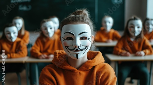 back-to-school prank, students pull a funny prank on their teacher by wearing matching masks, making the teacher burst into surprised laughter