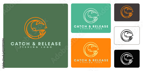 Catch and Release fly fishing logo. Rainbow trout icon. Driftless stream emblem. Vector illustration.	