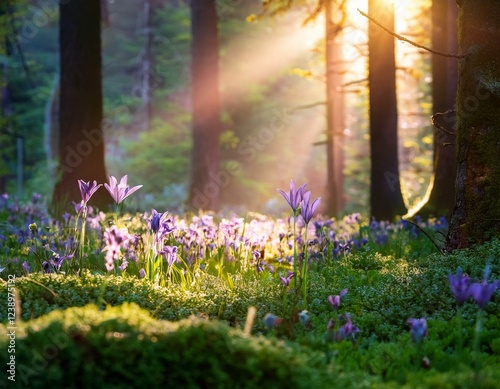 enchanted forest meadow magical forest sunlight glowing flowers tranquility nature s peace symbolizes serenity fantasy hope wonder and renewal photo