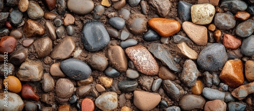 Colorful pebbles and stones background texture with wet earth and gravel mixture Copy Space