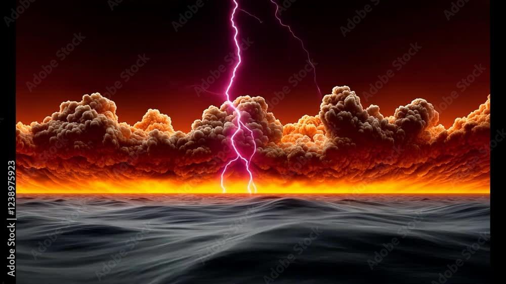 Fiery Tempest: A dramatic digital painting of a vibrant pink lightning bolt striking through fiery orange and red clouds above a dark, turbulent sea. The scene evokes power, drama.