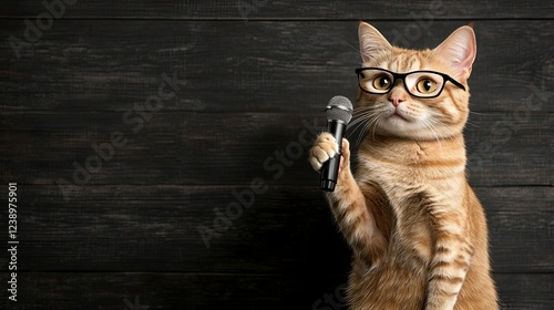 A cat with glasses holding a microphone. petfluencer, business, professionals, investors, stock market scenarios, conferences.