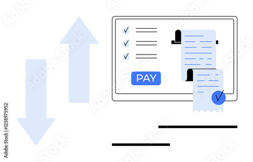 Monitor displaying checklist and payment receipt with PAY button, large up and down arrows representing activity. Ideal for online payments, e-commerce, financial transactions, digital billing