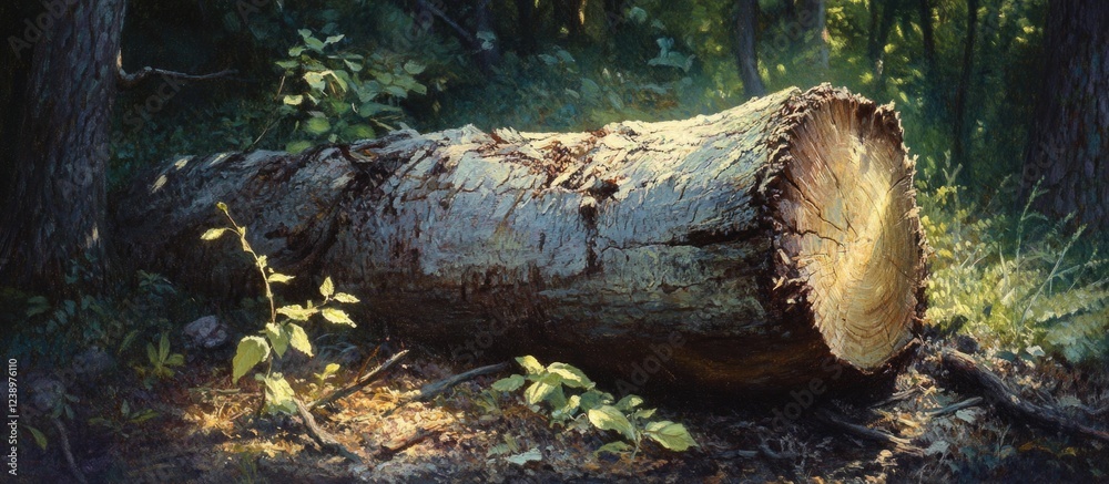 Felled tree trunk in forest surrounded by greenery with dappled sunlight illuminating the scene Copy Space Felled tree trunk in forest surrounded by greenery with dappled sunlight illuminating the scene Copy Space