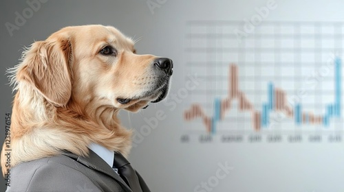 Dog in a suit analyzing financial data. petfluencer, business, professionals, investors, stock market scenarios, conferences.