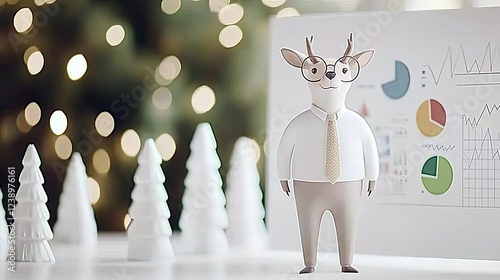 Stylized deer character presenting data insights. petfluencer, business, professionals, investors, stock market scenarios, conferences.