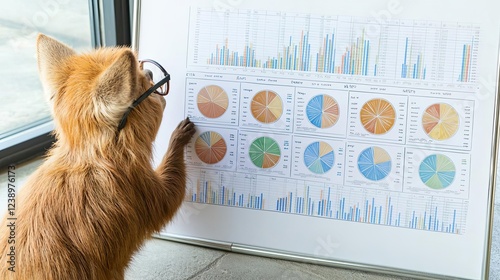 Cat analyzing charts and graphs with glasses. petfluencer, business, professionals, investors, stock market scenarios, conferences.