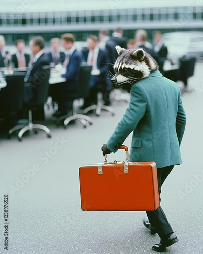 Business meeting with a raccoon character. petfluencer, business, professionals, investors, stock market scenarios, conferences.