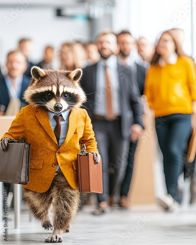 Raccoon dressed as a businessman, walking proudly. petfluencer, business, professionals, investors, stock market scenarios, conferences.