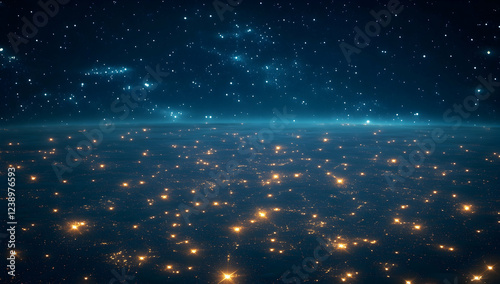 Abstract digital background with glowing connections and city lights on a dark blue backdrop