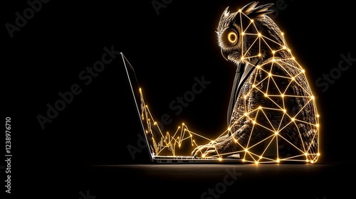 A geometric owl working on a laptop. petfluencer, business, professionals, investors, stock market scenarios, conferences.