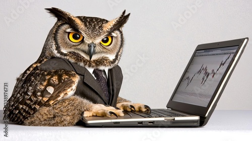 Wise owl working on a laptop in business attire. petfluencer, business, professionals, investors, stock market scenarios, conferences.