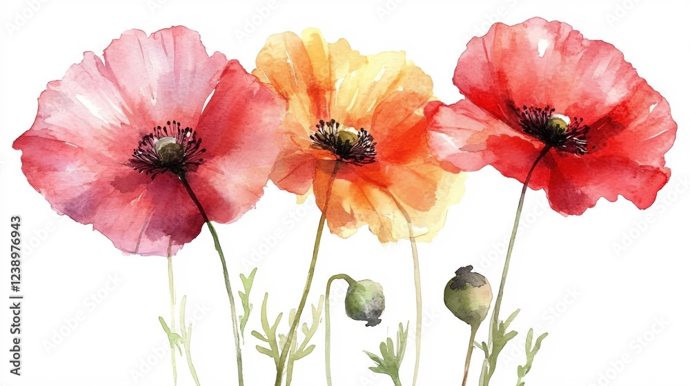 Fototapeta premium Three watercolor poppies in pink orange and red with green stems and seed pods on white background