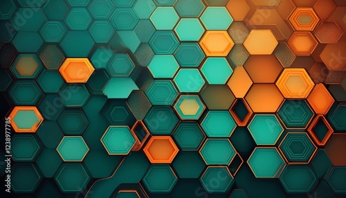 modern abstract background with teal and orange hexagonal geometric patterns creating depth texture and a futuristic design