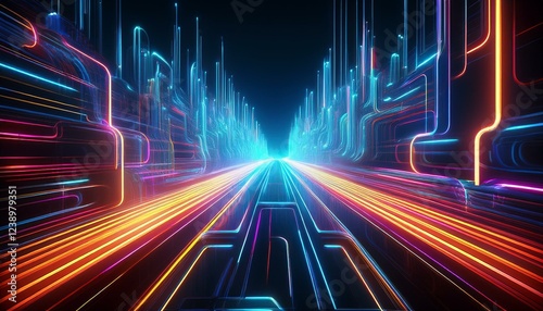 neon data highway a futuristic digital art exploration with glowing trails and abstract forms photo