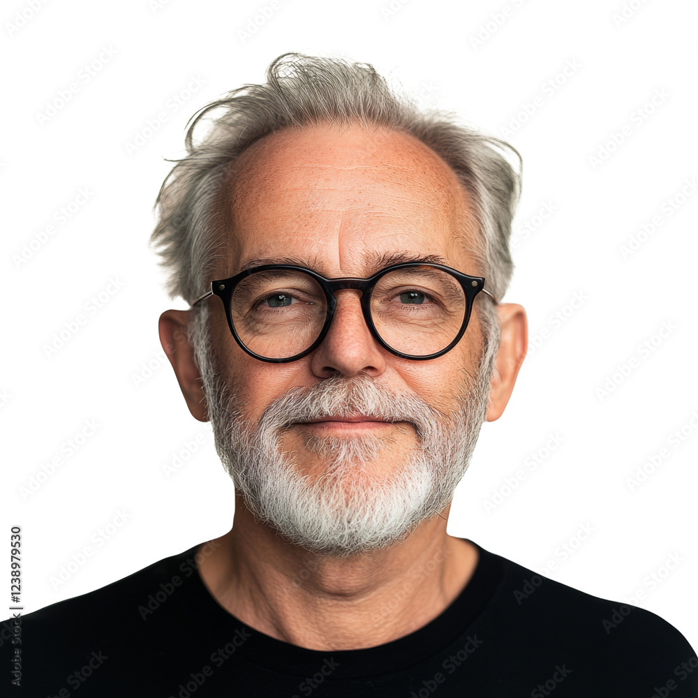 A close-up portrait shows a mature man with gray hair, a beard, and glasses looking directly at the camera with a neutral expression. A close-up portrait shows a mature man with gray hair, a beard, and glasses looking directly at the camera with a neutral expression.