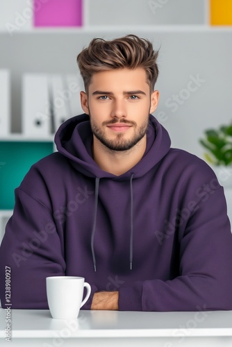 man drinking coffee at office desk