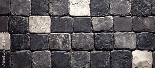 Textured cobblestone pavement background in shades of black and gray with uneven surface and various block sizes copy space photo