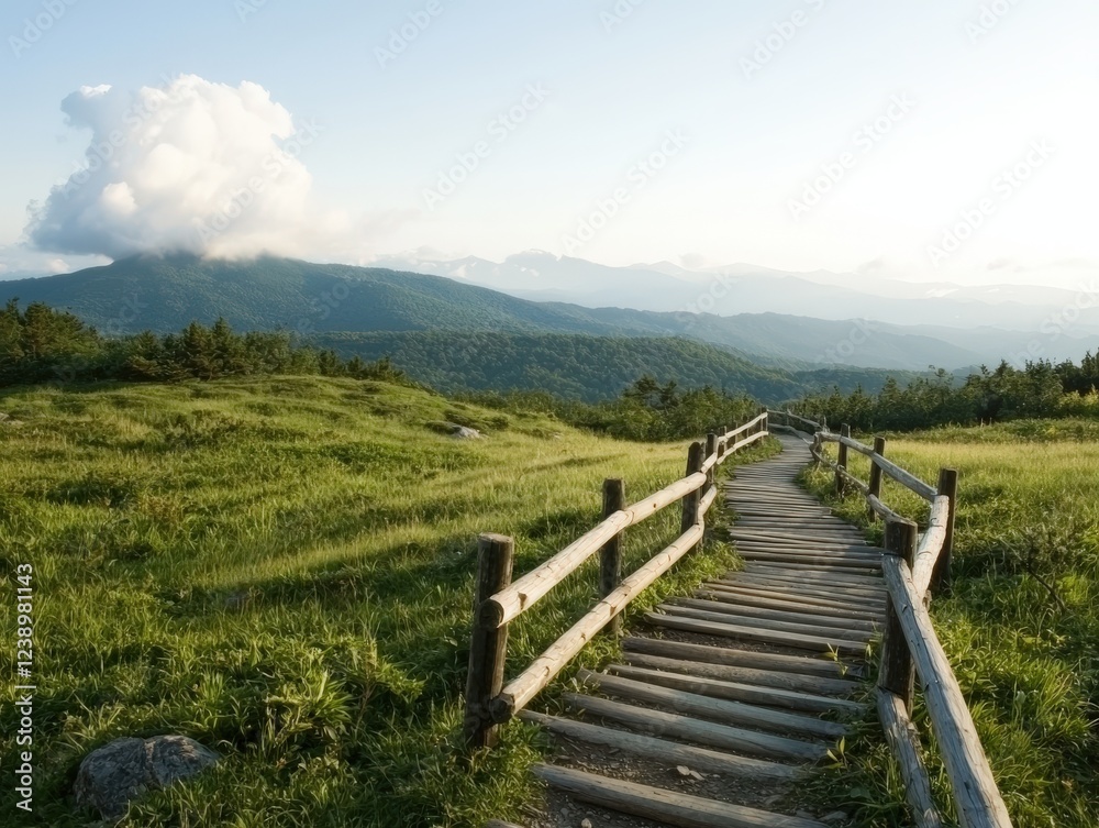 Scenic Overlook Trail with Wooden Pathway Leading Through Lush Green Landscape and Majestic Mountains Scenic Overlook Trail with Wooden Pathway Leading Through Lush Green Landscape and Majestic Mountains