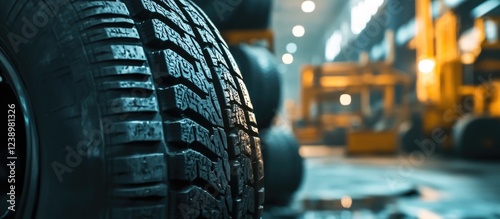 Close-up of a textured tire in an industrial warehouse with blurred background showing yellow machinery and ambient lighting Copy Space