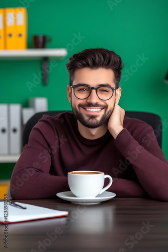 man drinking coffee at office desk