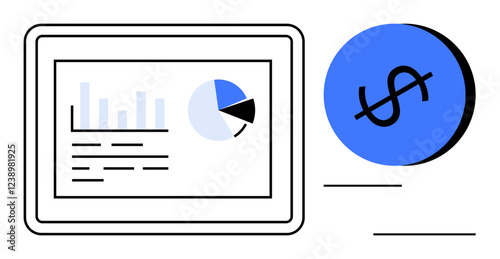 Tablet displaying bar chart and pie chart next to blue circle with dollar sign. Ideal for finance, business analytics, investment, budgeting, economic growth, market analysis, profitability. Abstract