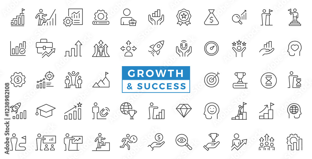 Growth and success line icons collection. Business success, development, plan and process symbol icon set vector illustration.