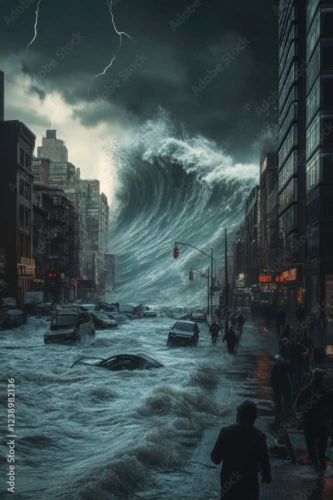 Massive Tsunami Wave Approaching a Flooded City – Natural Disaster, selective focus Massive Tsunami Wave Approaching a Flooded City – Natural Disaster, selective focus