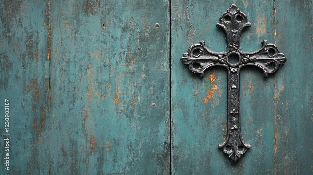 Rustic teal wooden background with ornate black iron cross decoration on the side. Copy Space available. Rustic teal wooden background with ornate black iron cross decoration on the side. Copy Space available.