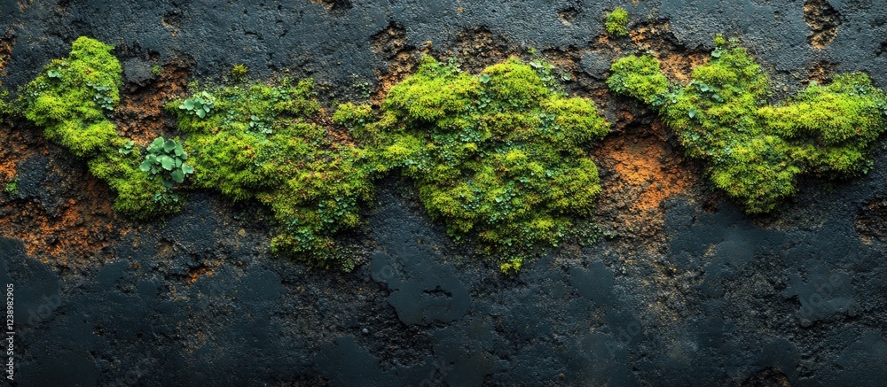 Moss and lichen growth on a textured black surface with rust accents creating a natural pattern and contrast in colors Copy Space Moss and lichen growth on a textured black surface with rust accents creating a natural pattern and contrast in colors Copy Space
