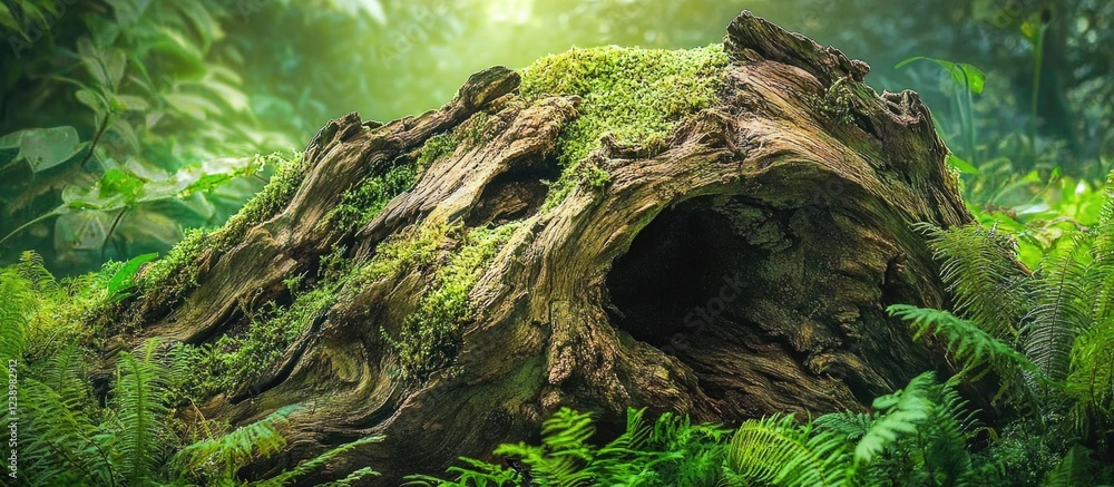 Moss-covered tree stump surrounded by lush ferns in a dense forest setting with soft sunlight filtering through trees Copy Space Moss-covered tree stump surrounded by lush ferns in a dense forest setting with soft sunlight filtering through trees Copy Space
