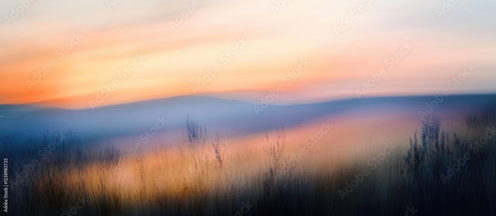 Abstract landscape with soft pastel colors and blurred motion effect during sunset over hills and grass foreground with copy space. Abstract landscape with soft pastel colors and blurred motion effect during sunset over hills and grass foreground with copy space.