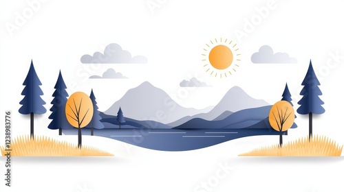Serene Landscape with Mountains, Sun, Trees and Calm Water in Soft Colors and Minimalist Style