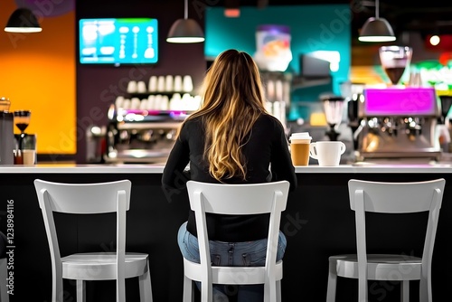 woman enjoying coffee in modern minimalist cafe