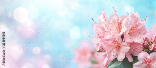 Fototapeta Naklejka Na Ścianę i Meble -  Pink azalea flowers with soft blurred blue background and bokeh lights Copy Space