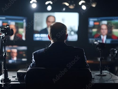 Political Commentator Discussing Current Events on TV News Studio Set