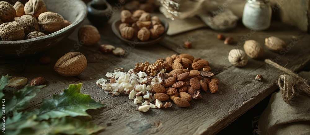 Assorted nuts including almonds, walnuts, and hazelnuts arranged on a rustic wooden surface with natural textures and copy space Assorted nuts including almonds, walnuts, and hazelnuts arranged on a rustic wooden surface with natural textures and copy space