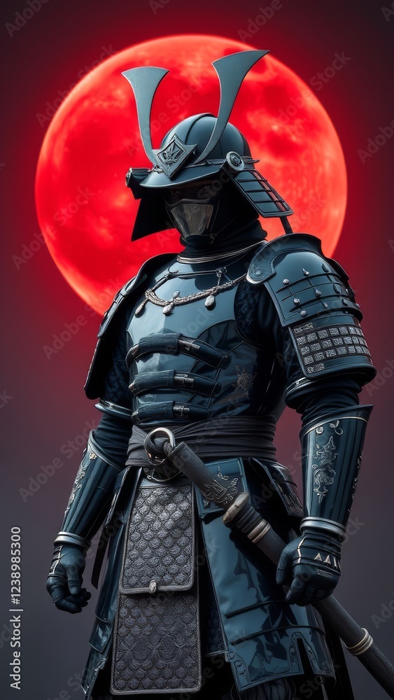 Naklejka premium Samurai Warrior in Dark Armor Under Blood Moon � Dramatic Feudal Background